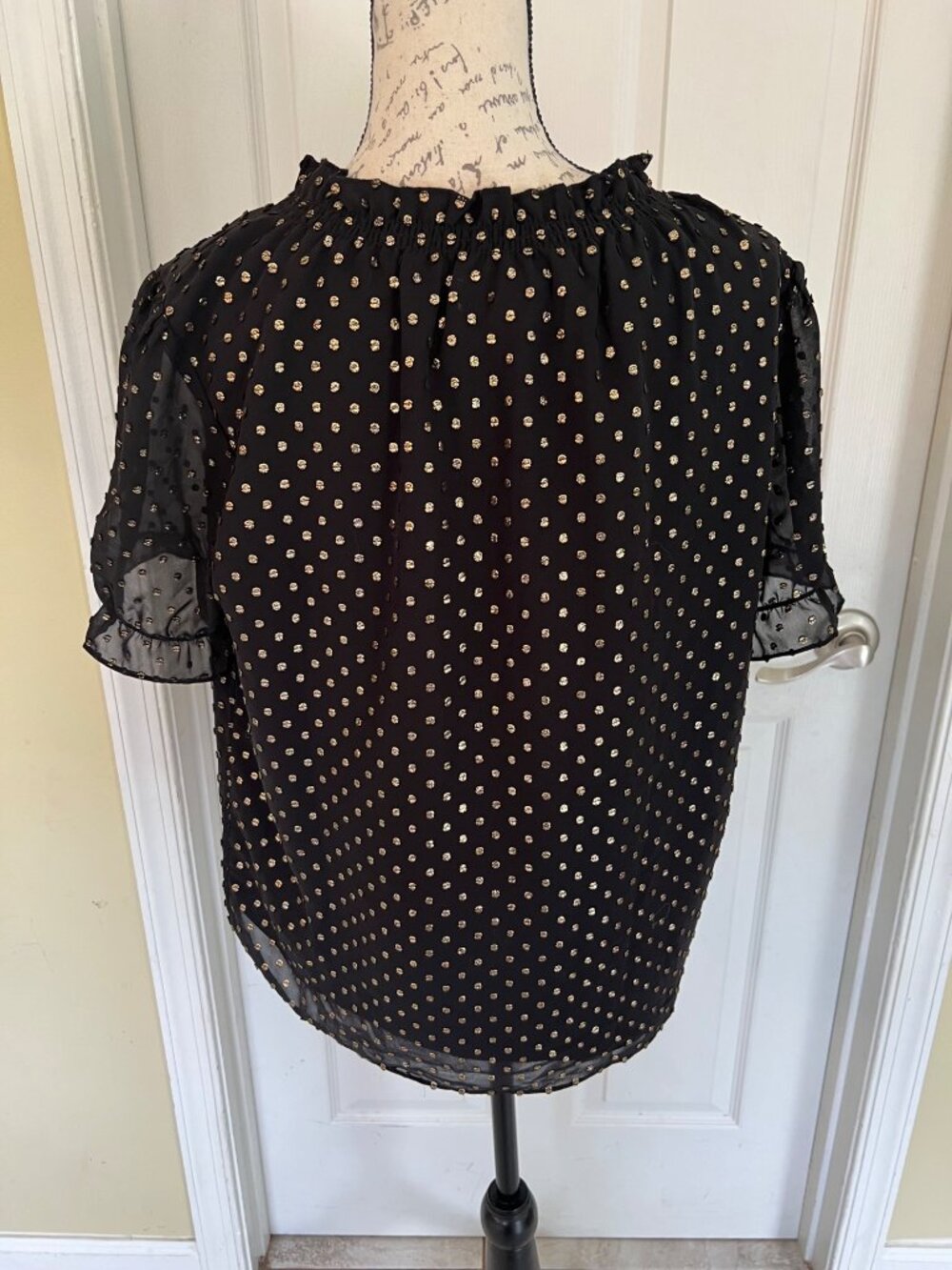 J.Crew Black Gold PolkaDot Short Sleeve Women's Blouse Holiday Career Business S - Picture 5 of 10